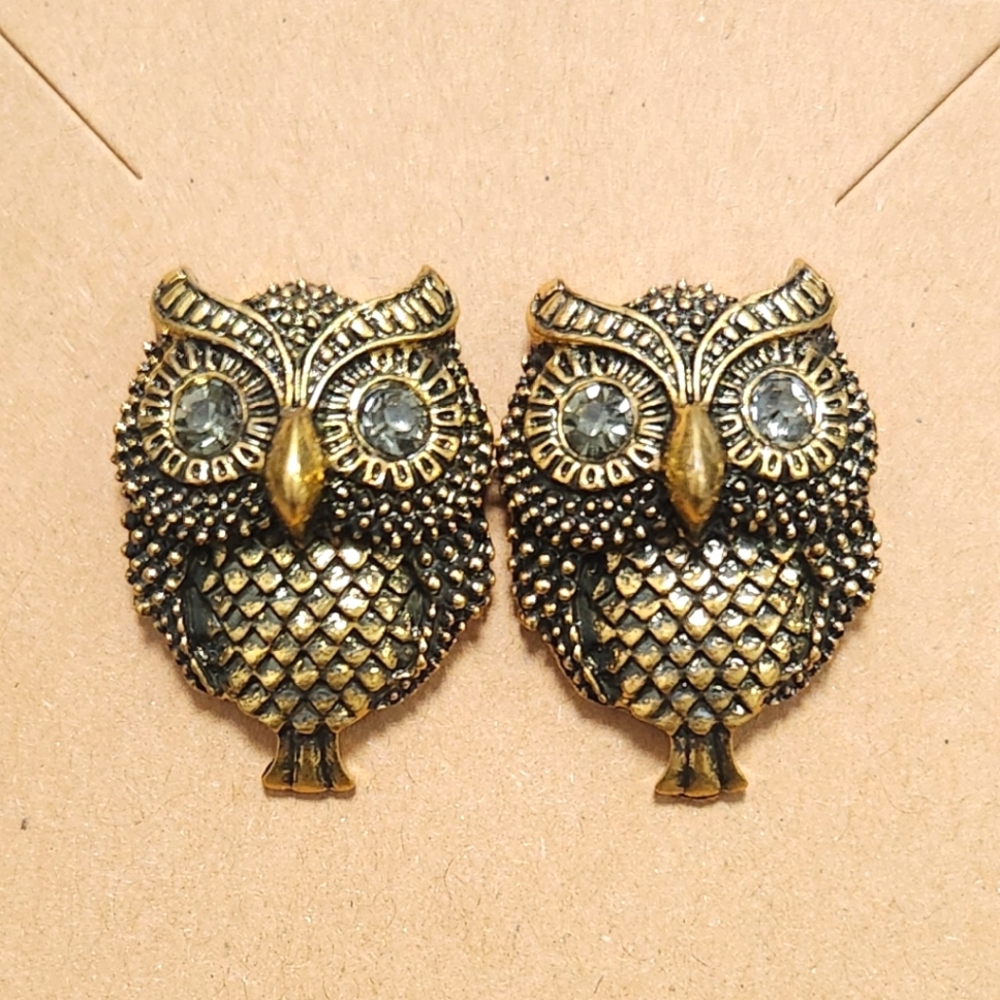 Bronze Tone Owl Earrings with Rhinestone Eyes